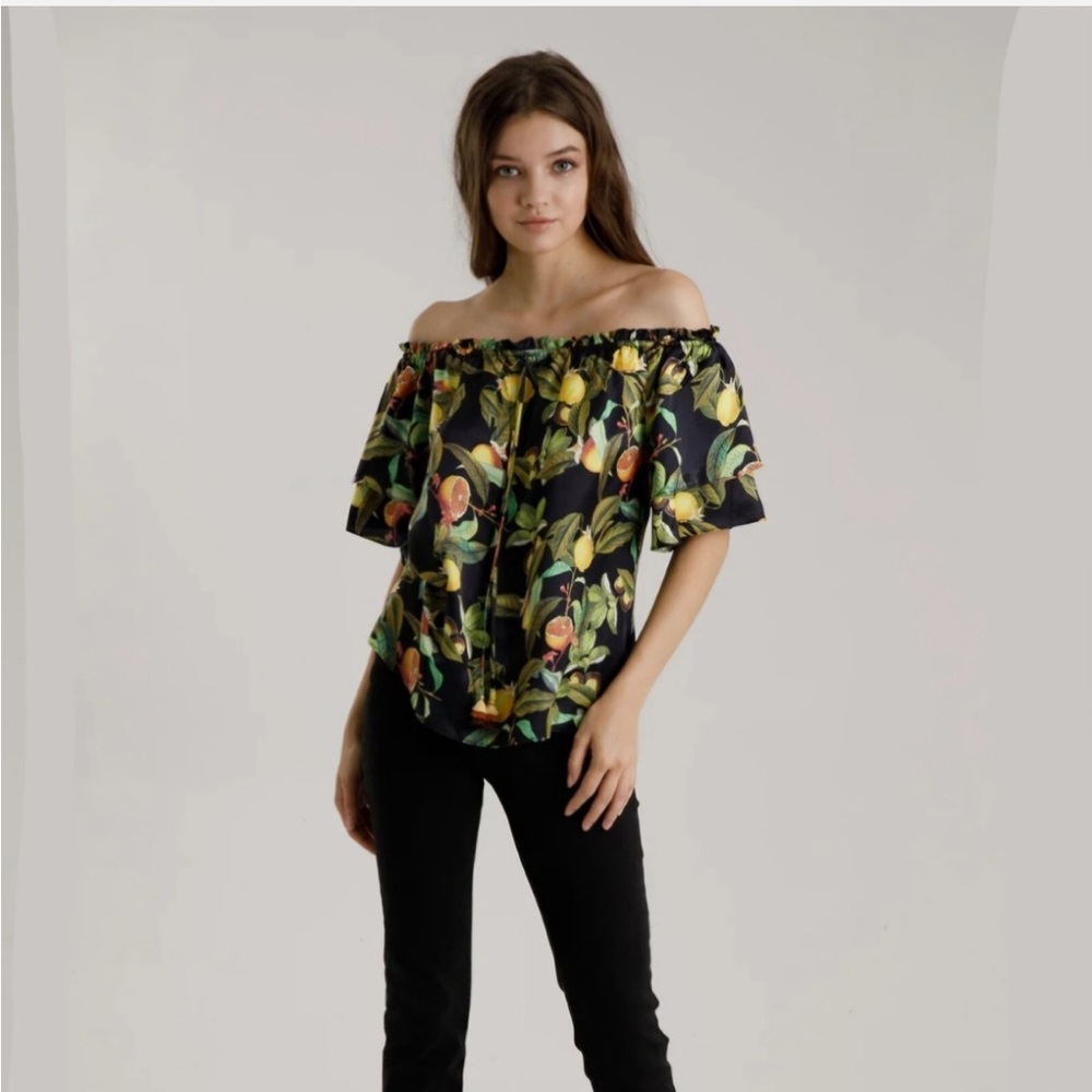 Hale Bob Black Floral Off-Shoulder Blouse